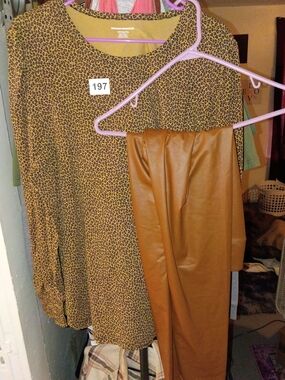 Amazon Essentials Leopard Print Blouse with Camel Faux Leather Pants Offline